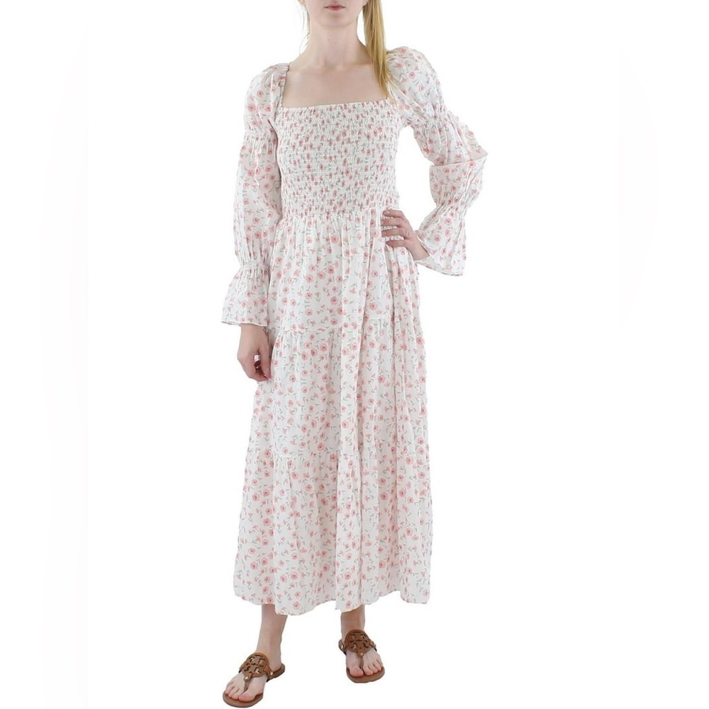 Revolve Lucy Paris Maxi Dress white with red pink flowers and puff sleeves XS